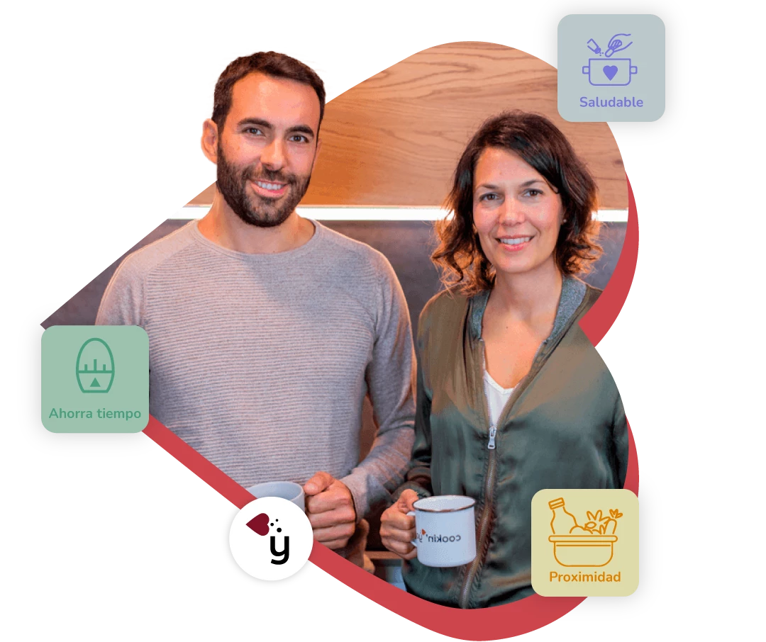 Els membres de cookin you dins del logotip de la marca amb les seves principals característiques al costat: proximitat, estalvia temps, saludable
