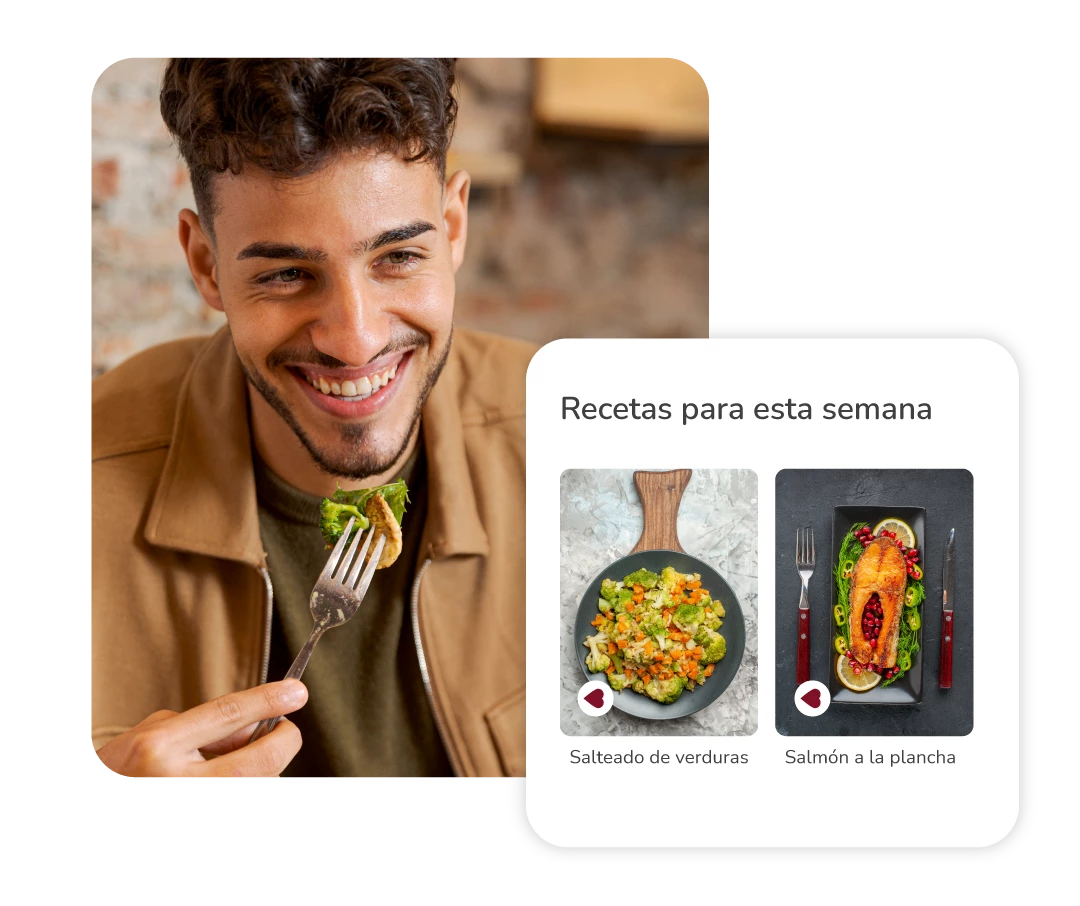 un noi menja juntament amb una pantalla que posa "receptes per a aquesta setmana" amb dues receptes al seu interior